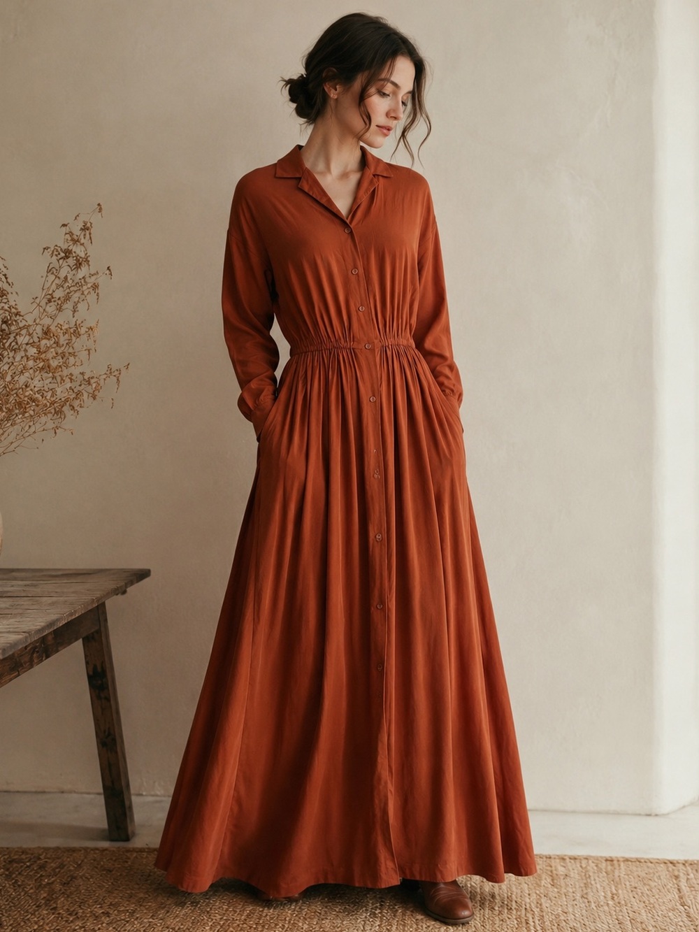 Lowrys Farm Rust Rayon Shirt Dress Maxi Cottagecore Minimalist M